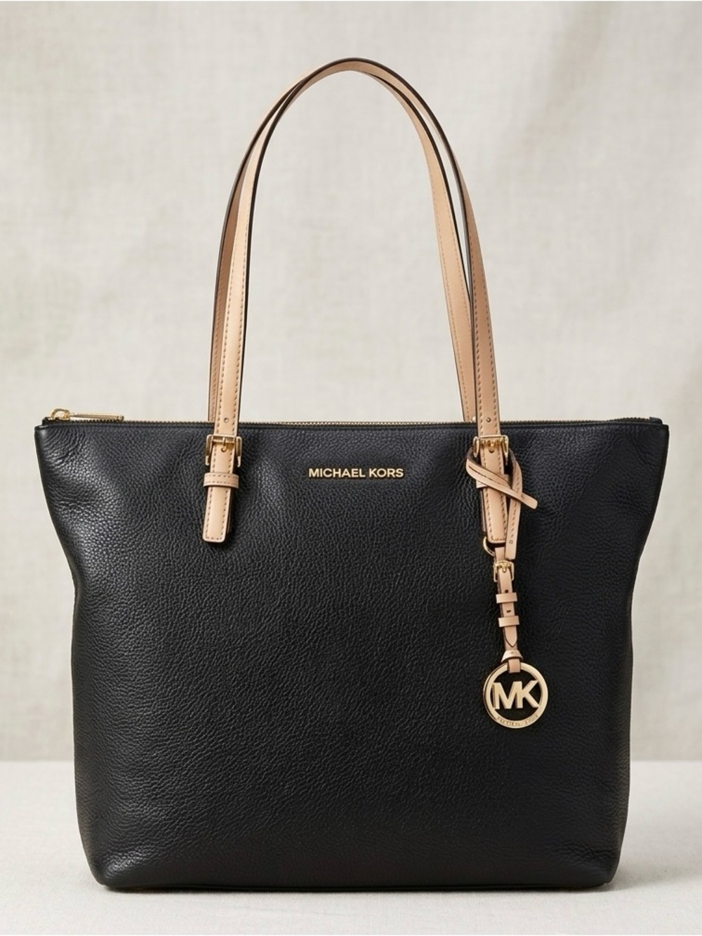 MICHAEL KORS Large Black Pebbled Leather Tote with Tan Straps - quiet luxury